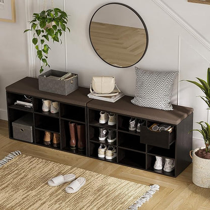 DINZI LVJ Shoe Bench, 9 Cubbies Shoe Organizer for Entryway, Storage Bench with Cushion, Cubby Shoe Rack with Adjustable Shelves for Living Room, Bedroom, Mudroom, Hallway, Espresso