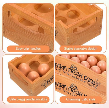 2 Pieces Wooden Egg Holder Countertop, Stackable 12 Capacity Farmhouse Rustic Pinewood Egg Storage Display Rack Basket with Handle, Eggs Organizer Stand Box with “Farm Fresh Eggs” Print