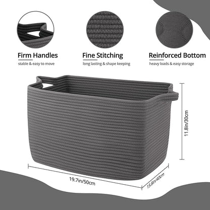 Large Toy Basket, Rectangle Woven Rope Storage Basket for Blankets, Dirty Clothes, Shoes, Nursery Organizer Bins (Dark Grey)