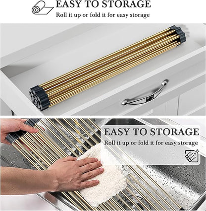 Gold Over Sink Dish Drying Rack - 17.7” x 13.4“Roll Up Dish Drying Rack, Silicone Wrapped Kitchen Rolling Dish Drainer, Anti-Slip Foldable Sink Rack Mat, Multipurpose Dish Racks For Kitchen Counter