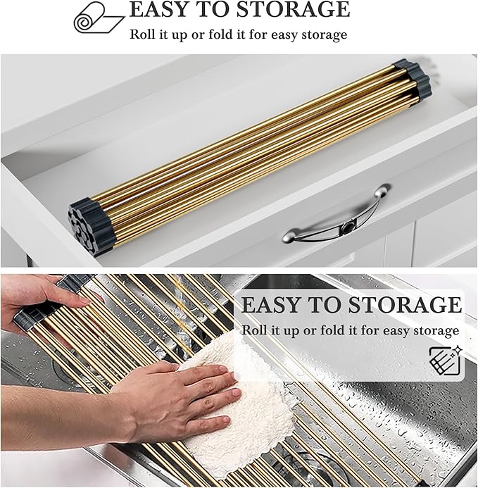 VONIKI Gold Over Sink Dish Drying Rack, 17.7"x 11"Roll Up Dish Drying Rack, Silicone Wrapped Kitchen Rolling Dish Drainer, Anti-Slip Foldable Sink Rack Mat, Multipurpose Dish Racks For Kitchen Counter