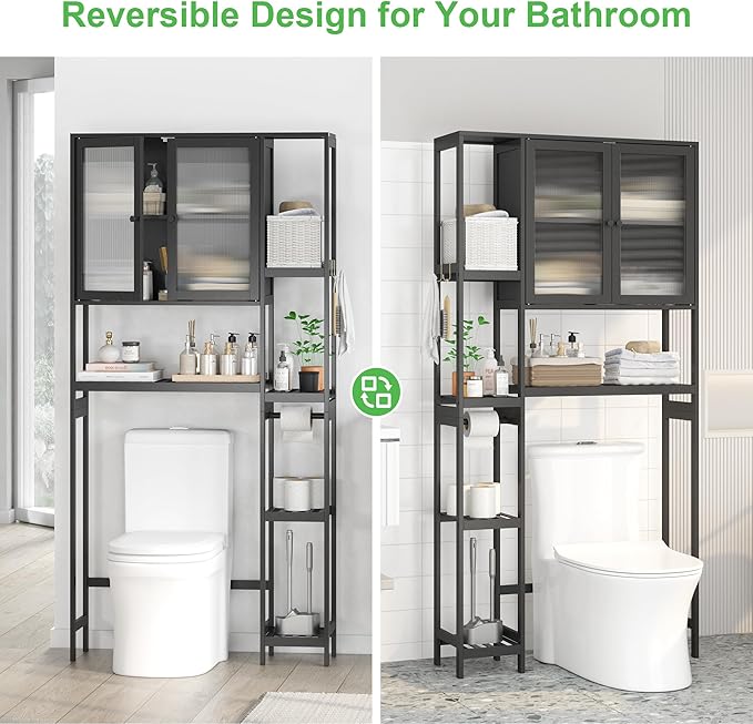 Wisuce Essentials Over The Toilet Storage Cabinet Above Toilet Bathroom Organizer with Toilet Paper Holder Stand Bath Organizer with Adjustable Shelves & Acrylic Doors,Anti-Tip Device (Black)
