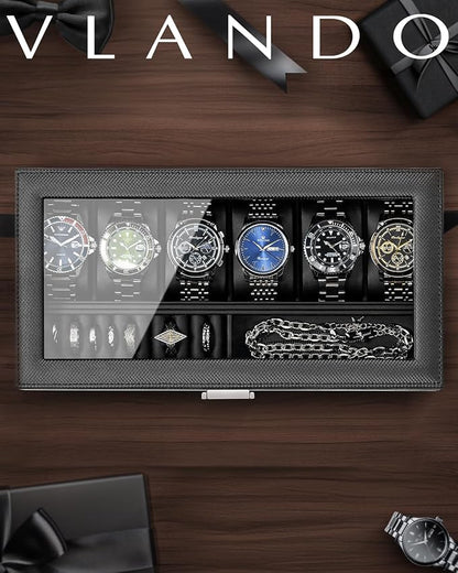 Vlando 6-Slot Watch Case for Men, Watch Box with Glass Lid, Storage for Rings, Keys, Business Textured Leather Organizer Display Case, Soft Pillow, Gifts for Fathers, Dad, Husband - Black