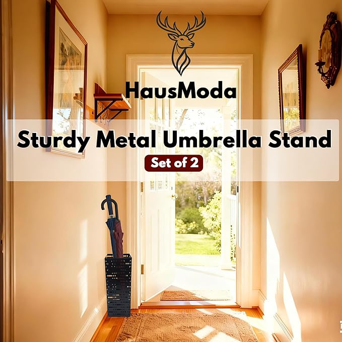 2 Pack Metal Umbrella Stand for Indoor Entry, Entryway Umbrella Holder Rack with 4 Hooks, 16.5" tall Freestanding Umbrella Storage Organizer (Square + Round)