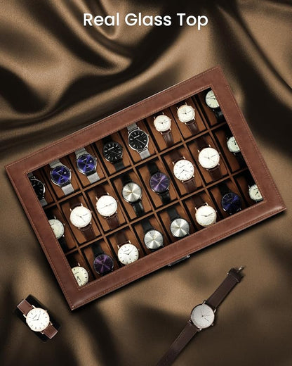 Uten 24-Slot Watch Box, PU Leather Watch Case with Glass Lid, Watch Holder Organizer with Soft Pillow and Velvet Lining, Watch and Jewelry Storage Box, Brown