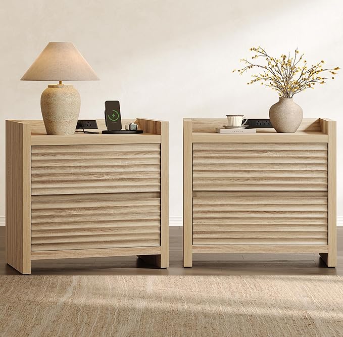 SICOTAS Nightstands Set of 2-Fluted Nightstand with Charging Station- 25" Tall Mid Century Modern Night Stands with 2 Drawers, Large Bedside Table with Charger Station for Bedroom, Sofa Side
