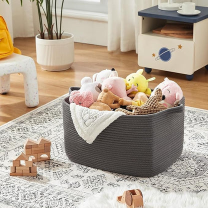Large Toy Basket, Rectangle Woven Rope Storage Basket for Blankets, Dirty Clothes, Shoes, Nursery Organizer Bins (Dark Grey)