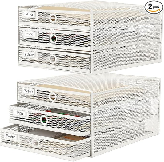 Zhanmai 2 Pack White Desk Organizer with Drawer Total Wire Mesh Storage Tray Multifunctional Paper Sorter File Stand for Home Office Supplies Letter A4 Paper Office Accessories Back to School (3 Tier)