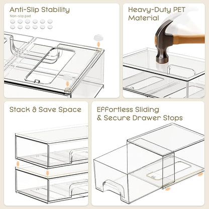 Criusia Stackable Storage Drawers, 6 Pack Clear Plastic Makeup & Bathroom Organizer, Versatile Storage Bins for Vanity, Under Sink, Kitchen Cabinets & Pantry