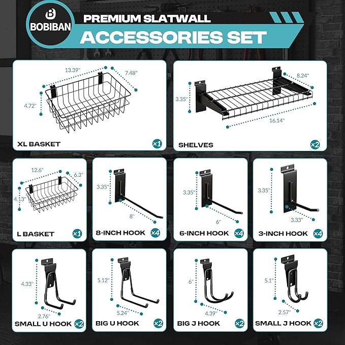 24PCS Slatwall Accessories Set, Includes Metal Slatwall Baskets, Shelves and Hooks, Heavy Duty Slat Wall Organizer Kit for Shops, Garage and Room Storage (Black,24pcs)