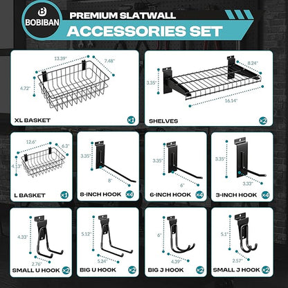 24PCS Slatwall Accessories Set, Includes Metal Slatwall Baskets, Shelves and Hooks, Heavy Duty Slat Wall Organizer Kit for Shops, Garage and Room Storage (Black,24pcs)