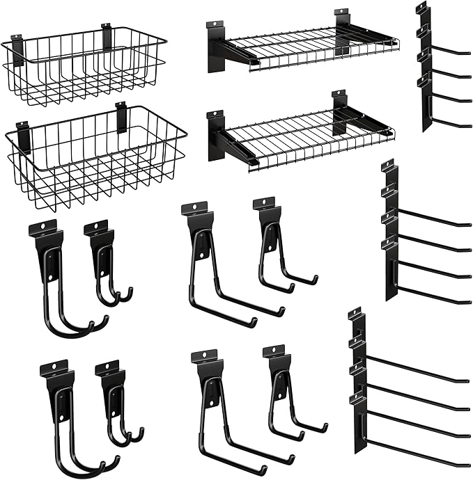 24PCS Slatwall Accessories Set, Includes Metal Slatwall Baskets, Shelves and Hooks, Heavy Duty Slat Wall Organizer Kit for Shops, Garage and Room Storage (Black,24pcs)