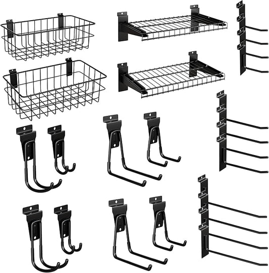24PCS Slatwall Accessories Set, Includes Metal Slatwall Baskets, Shelves and Hooks, Heavy Duty Slat Wall Organizer Kit for Shops, Garage and Room Storage (Black,24pcs)
