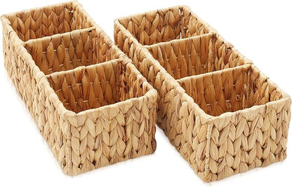 Casafield Set of 2 Water Hyacinth Basket Organizers with 3 Sections, Natural - Woven Storage Bins for Bathroom, Laundry, Pantry, Office, Shelves