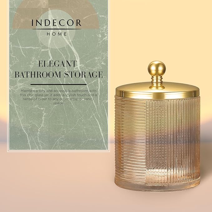 Indecor Home Tan Colored Tranlucent Apothecary Ribbed Geometric Etched Glass Jar W/Gold Metal Lid Cover for Bathroom Organization, Cotton Balls, Q Tips, and Small Accessories, Bathroom Storage