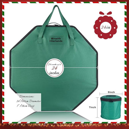Wreath Storage Christmas Garlands Bag with Interior Pockets Large Xmas Container Box for Holiday Decorations Case with Dual Zipper and Handles Window Labeling Card Slot 24" Green