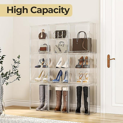 IYINIYI 15.75''x11.81''x9.84'' XX-Large Clear Shoe Storage Boxes with Divider, Stackable Plastic Boot Boxes with Magnetic Door, Acrylic display case Box with Lids for Sneaker Purses Handbags Books (1)