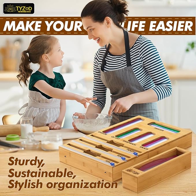 9-in-1 Bamboo Storage Bag Organizer with Cutter, Kitchen Drawer & Wall Mount Storage for Foil, Plastic Wrap, Gallon, Quart, Sandwich, Snack & Freezer Bags, Fits Rolls ≤12” Long, ≤2” Diameter