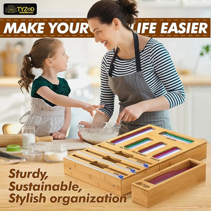 9-in-1 Bamboo Storage Bag Organizer with Cutter, Kitchen Drawer & Wall Mount Storage for Foil, Plastic Wrap, Gallon, Quart, Sandwich, Snack & Freezer Bags, Fits Rolls ≤12” Long, ≤2” Diameter