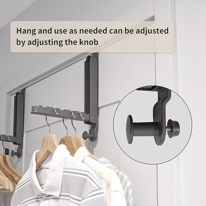 RFOUO Over The Door Hooks Hanger Fit Door up to 1 3/4" Optimal 2pc,Over The Door Hanger with Retractable Rod,Foldable Over The Door Drying Rack for Laundry Bathroom Bedroom (Space Grey, 2 Pack)