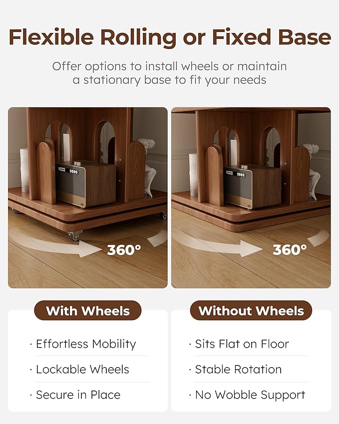 Solid Wood Rotating Bookshelf Tower with Book Ends, 6 Tier Corner Book Shelf with Wheels, Spinning Bookshelf Kids, Revolving Bookcase Shelf, Tall Narrow Book Case for Small Spaces, Walnut