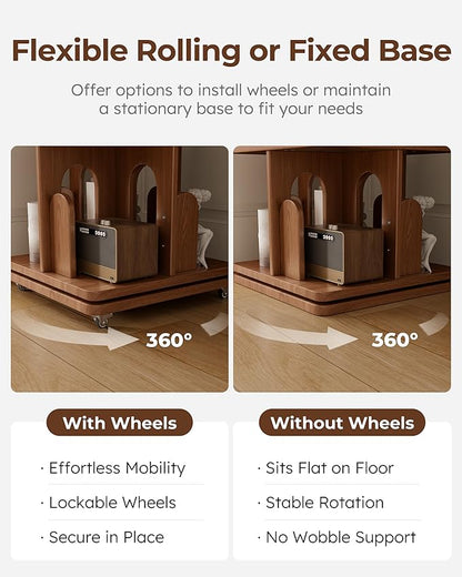 Solid Wood Rotating Bookshelf Tower with Book Ends, 6 Tier Corner Book Shelf with Wheels, Spinning Bookshelf Kids, Revolving Bookcase Shelf, Tall Narrow Book Case for Small Spaces, Walnut