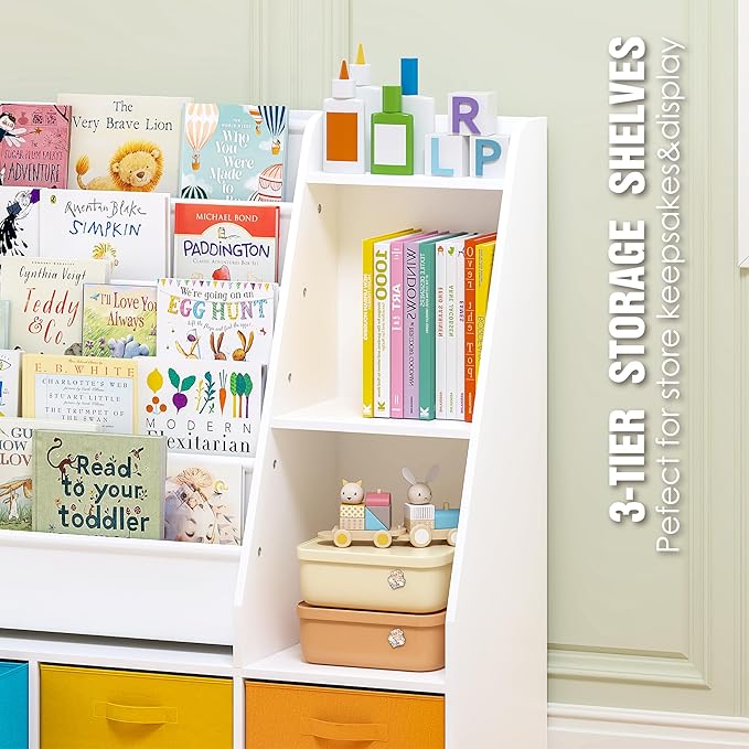 Spirich 5-Tier Kids Bookshelf with Storage Bins, Montessori Forward-Facing Book Display Toddler Bookcase, Wood Book Shelf for Kids Room, Classroom, Nursery, White