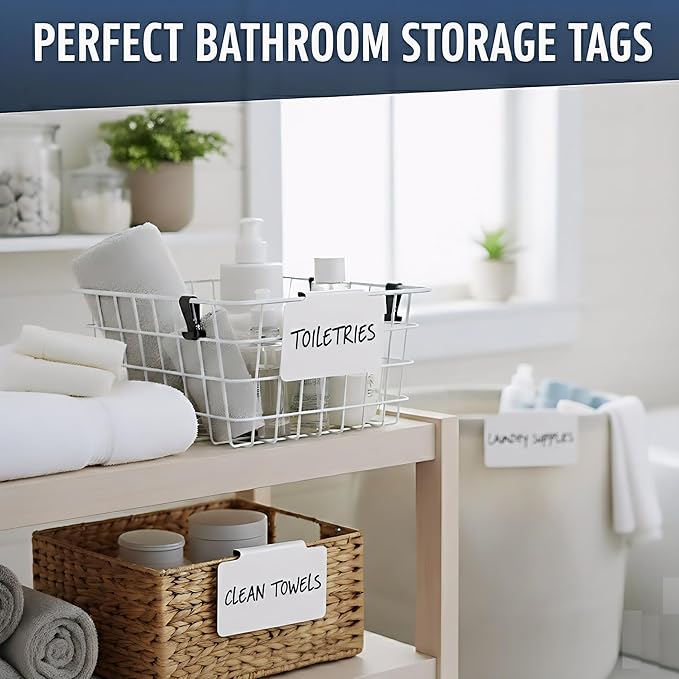 30 Basket Labels Clip On for Pantry Organization and Storage 3x4 in Baskets Bin Labels - Plastic Small Labels for Baskets - White Bin Clip Labels for Baskets - Basket Tags Dry Erase Bin Labels Clip On