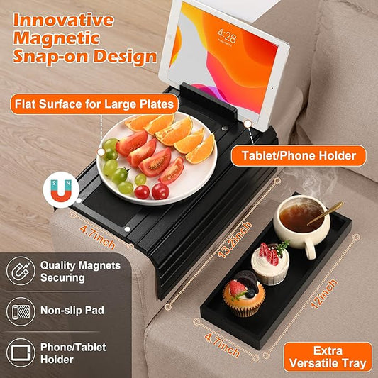 Joy&Grace Couch Arm Tray, 3-in-1 Magnetic Detachable Sofa Arm Table with Phone and Tablet Holder Bamboo Couch Cup Holder, Foldable Sofa Armrest Tray for Eating, Drinks, Phones (Black)