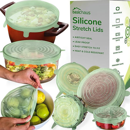 Reusable Silicone Stretch Lids for Food Storage in Fridge - Elastic Heat-Resistant Bowl Covers, Cups, Cans, Jars - Universal Food Grade Lid for Containers - 7 Pack - Mint Frost Stretchy Lid Set