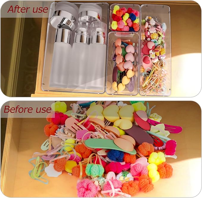 Zuihug 4 PCS Clear Plastic Drawer Organizer, Desk Drawer Divider Organizers and Storage Bins for Makeup, Jewelry, Gadgets for Kitchen, Bedroom, Bathroom, Office (9.0"x3.0"x2.2")