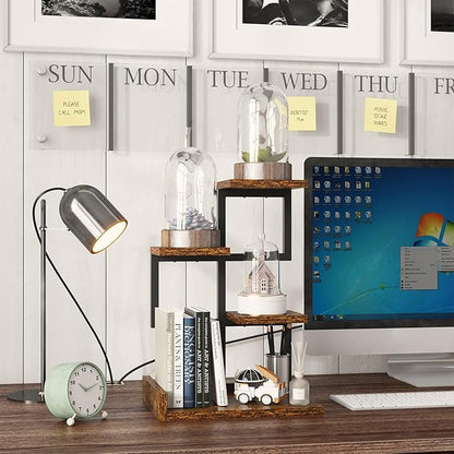 YMYNY Desktop Shelf Organizer, 4 Tier Storage Display Rack, Desk Shelf Organizer Small Bookshelf with Metal Frame for Office, Books, Plants, 12.2" x 9.45" x 17.52", Rustic Brown Black UHSR007H