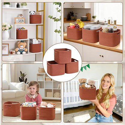 3 Pack Cube Storage Bin, 9”x9”x7” Cotton Rope Woven Baskets for Organizing Toys Clothes Towels, Square Gift Storage Baskets for Shelf, Nursery, Closet, Bathroom, Pantry (Red)