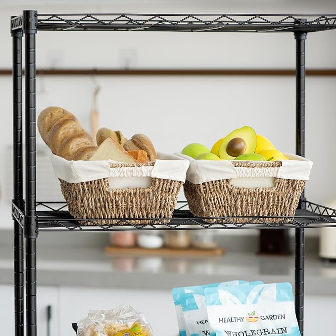 JS HANGER Wicker Storage Basket with Washable Liners, Metal Frame, Set of 2, 12.6"L x 8.7"W x 4.3"H, Seagrass Woven Basket for Pantry, Toilet, Bathroom, Bedroom, Patio, Natrual