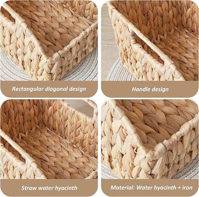 2Pcs Woven Basket Water Hyacinth Wicker Storage Basket with Build-in Handle Rustic Pantry Baskets Organizer for Kitchen Shel