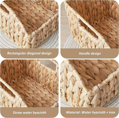 2Pcs Woven Basket Water Hyacinth Wicker Storage Basket with Build-in Handle Rustic Pantry Baskets Organizer for Kitchen Shel