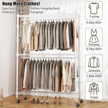 BATHWA Heavy Duty Garment Rack on Wheels, Rolling Clothes Racks for hanging clothes, Modern Closet Wardrobe Clothing Rack with 8 Side Hangers, White