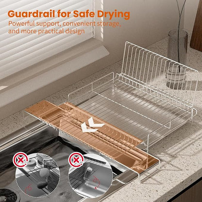 Dish Drying Rack - Stainless Steel Expandable Large Dish Drainer for Kitchen Counter, with Stainless Drain Board Rustproof Collapsible Organizer Space Saving