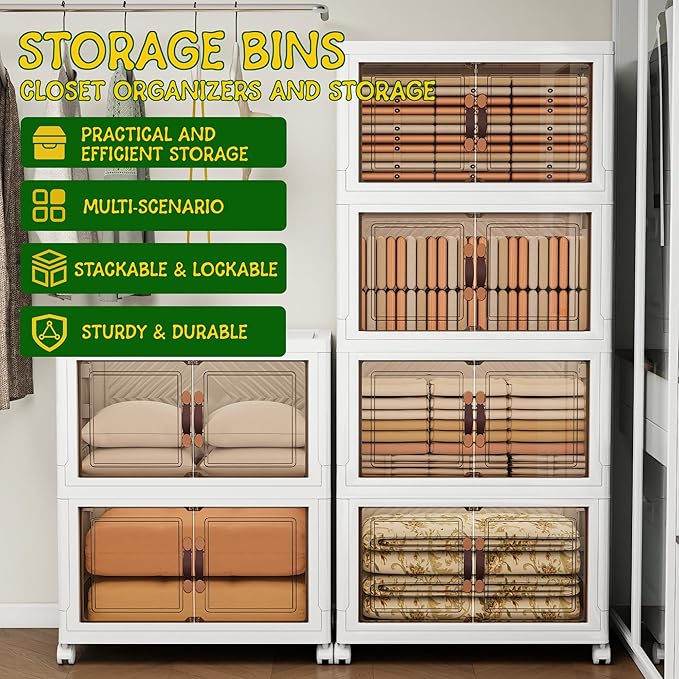 Vavkorkula Storage Bins with 2 Lids and Wheels, 990QT-165QT*6Tier Collapsible Bathroom Storage Cabinet with Clear Doors, Plastic Stackable Closet Organizers and Containers White