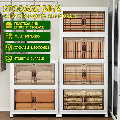 Vavkorkula Storage Bins with Lids and Wheels, 330QT-165QT*2Tier Collapsible Bathroom Storage Cabinet with Clear Doors, Plastic Stackable Closet Organizers and Containers White