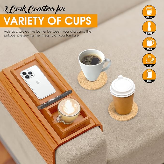 Couch Cup Holder Tray with 2 Cork Coasters, Couch Caddy, Anti-Slip Foldable Armrest Sofa Tray, Couch Armrest Table, Anti-Spill Holder for Remote, Snacks, Cellphone - Ideal Gift (Mahogany)