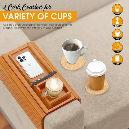 Couch Cup Holder Tray with 2 Cork Coasters, Couch Caddy, Anti-Slip Foldable Armrest Sofa Tray, Couch Armrest Table, Anti-Spill Holder for Remote, Snacks, Cellphone - Ideal Gift (Mahogany)