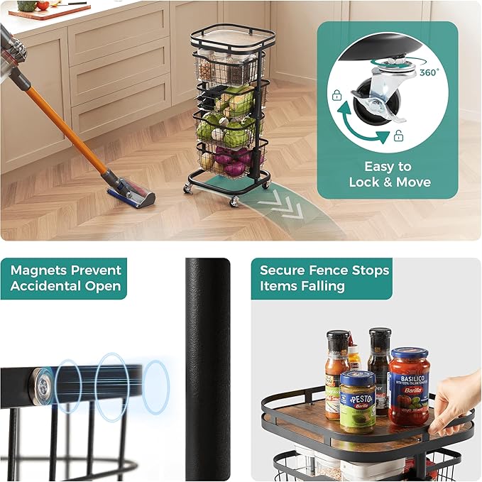 4 Tier Kitchen Fruit Vegetable Storage Cart with One-Piece Rotating Basket, Pantry Organizer Shelf Rack Floor Stand for Veggie Onion Potato Produce Spice, Rolling Snack Cart on Wheels, Black