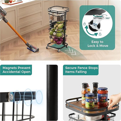 4 Tier Kitchen Fruit Vegetable Storage Cart with One-Piece Rotating Basket, Pantry Organizer Shelf Rack Floor Stand for Veggie Onion Potato Produce Spice, Rolling Snack Cart on Wheels, Black