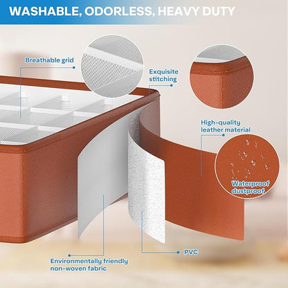Fashion Leather Sock Underwear Drawer Organizer clothes, Closet Dividers，64 Cell (16+24+24) Foldable Leather Storage Box for Panties, Ties, Accessories（3 Pack）