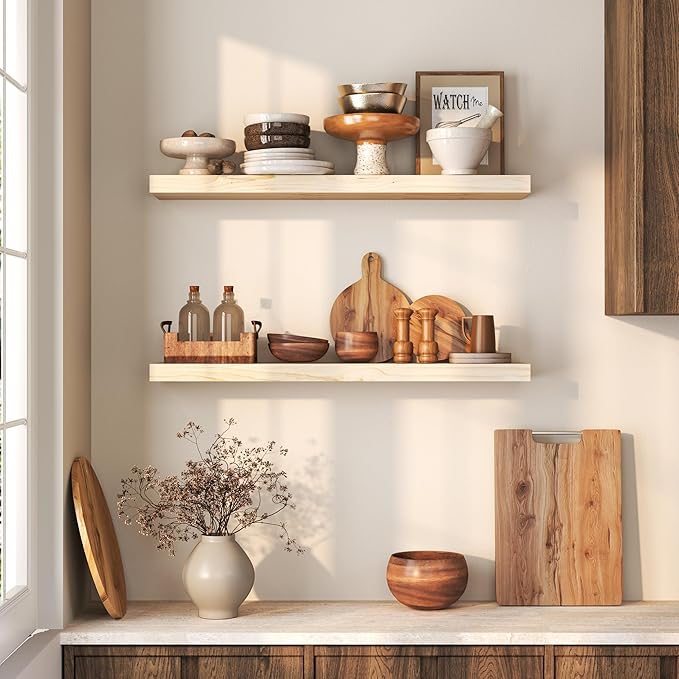 Fun Memories 30 Inch Floating Shelves for Wall, Deep Rustic Solid Wood Floating Shelves for Storage - Farmhouse Wall Mounted with Heavy-Duty Metal Bracket, 30" W x 8" D, Set of 2,Unfinished for DIY
