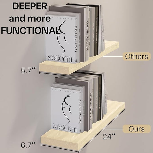 BGMG Wood Floating Shelves 24 inch, Wide Rustic Wooden Wall Shelves for Bathroom Living Room Bedroom Kitchen Farmhouse Set of 2-24x 6.7 x1.25 inch- DIY-Unfinished