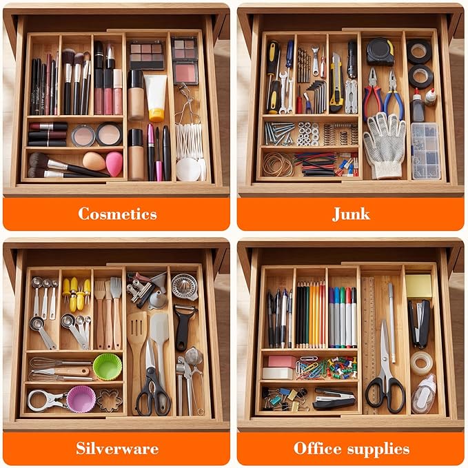 Briwooody 1 Pcs Bamboo Drawer Organizer 9'' up to 18'' x 15'' x 2'' Expandable Drawer Organizer Pens Notebook Ruler Makeup Tray with 7 Adjustable Compartments for Desk Office Kitchen Bathroom(Wood)