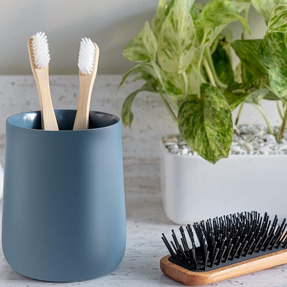 Yew Design Matte Blue Toothbrush and Toothpaste Holder and Cup for Bathroom Vanity and Countertop, Round Organizer for Electric Toothbrushes, Floss, Razors, Cotton, and Mouthwash