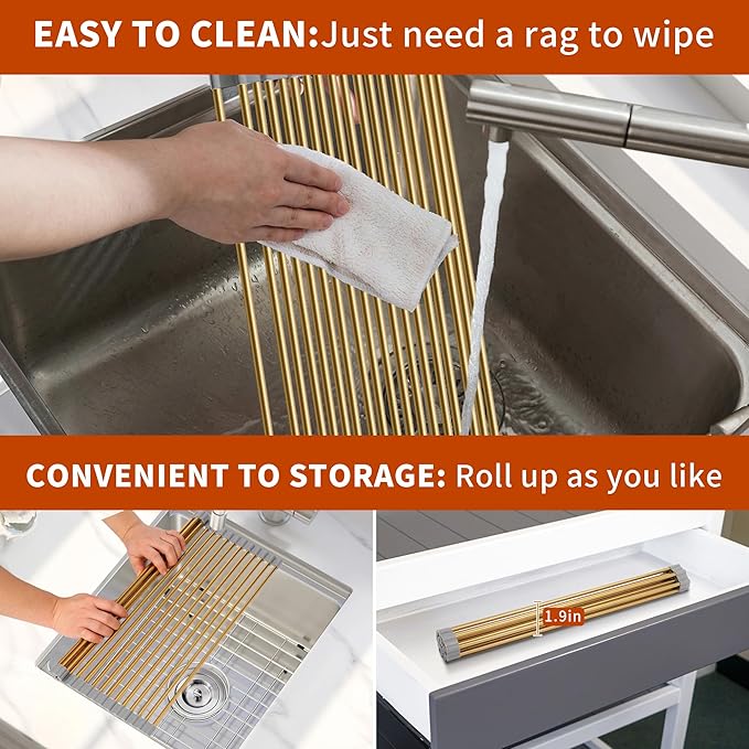 HAYAWEY Extra Large Golden Roll-UP Dish Drying Rack-Stainless Steel Dish Drainer Over The Sink for Kitchen Countertop,Applicable for Sink Width Less Than 19in (Gold,20.5'x 13.2')
